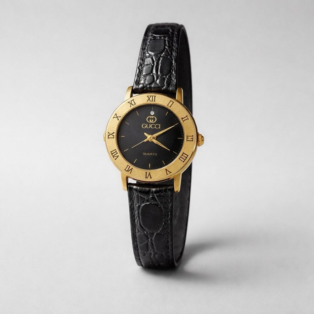 Gucci Diamond 3000L Gold PL Black Leather women watch Vintage - Picture 2 of 16